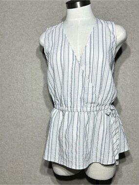 Ann Taylor Blouse Size M White and Blue Stripes Faux Wrap Top